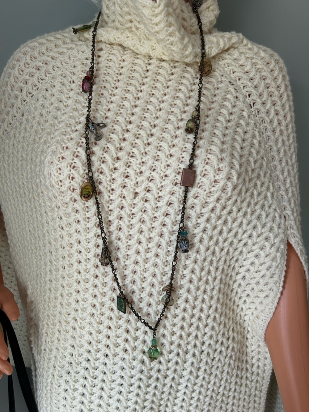Long Mixed Bead Charm Necklace in Green and Multicolor